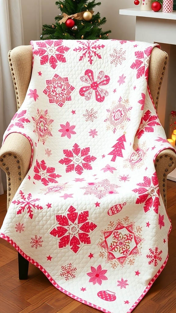 A pink Christmas quilt with snowflakes and trees draped over a chair, surrounded by holiday decorations.